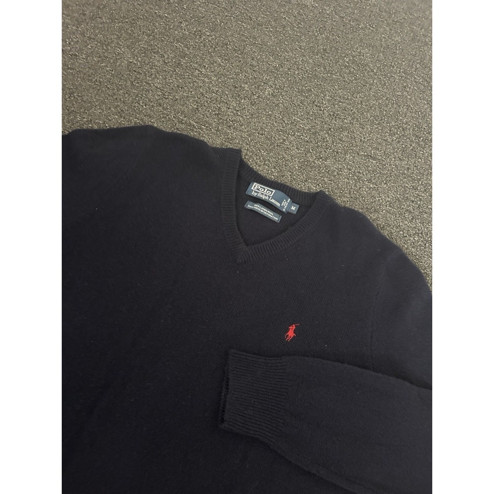 Polo Ralph Lauren Lambswool V-Neck Sweater Navy Mens Medium Pullover Pony Prep